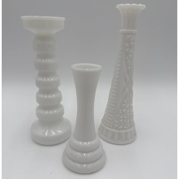 Three Vintage Milk Glass Vases Mid-20th Century Hobnail & Smooth & Candle Holder - Picture 1 of 13